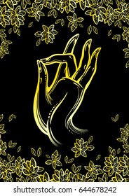 Beautiful high-detailed golden Buddha`s hand illustration. Bodhi tree leafs around. Engraved vector art isolated. Tattoo, spiritually, yoga, meditation, textile