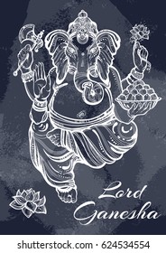 Beautiful high-detailed Lord Ganesha over the blackboard. Vintage chalk. Graphic vector illustration, tattoo art, yoga, Indian, spa, religion, boho design. Ideal for print, posters, t-shirts textiles