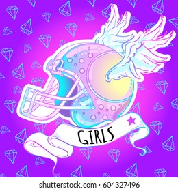 Beautiful high-detailed rugby helmet with wings. Vector illustration in pink neon colors. Girls. Fashion print, sticker, poster.