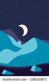 Beautiful hight winter landscape with moon and a little house. Flat design. Vector illustration. Eps 10.