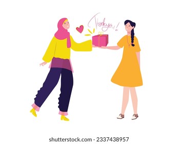 beautiful hijab girl give box gift to Christian girl charity generosity present and say thankyou appreciate feeling grateful