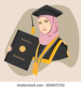 Beautiful Hijab girl on graduation day holding diploma with medal