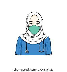 Beautiful Hijab Nurse Wearing Surgical Mask, Healthy Mask Illustration, Vector Design Template