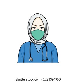 Beautiful Hijab Nurse Wearing Surgical Mask with Stethoscope, Healthy Mask Illustration, Vector Design Template