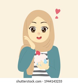 beautiful hijab woman holding ice cream with the symbol of love