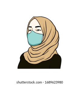 Beautiful Hijab Woman Wearing Health Mask, Vector Design, Template