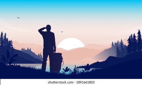 Hermoso viaje de senderismo - Hombre en el paisaje natural viendo la puesta de sol. Hermosa experiencia salvaje y concepto de tranquilidad. Ilustración vectorial.