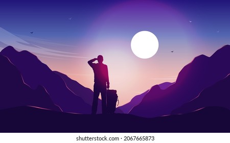 Beautiful Hiking Trip On Mountain - Man With Backpack In Nature Landscape Watching Sunset. Calm And Tranquility Concept. Vector Illustration.