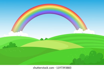 Beautiful Hills landscape with rainbow on the horizon.