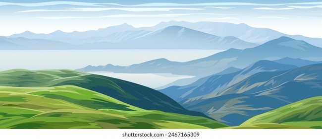 Beautiful hills on the shore. Stunning vector landscape of the bay with hills and meadows. Scandinavian landscape with an amazing panoramic view of nature. Valley on the ocean or seashore.