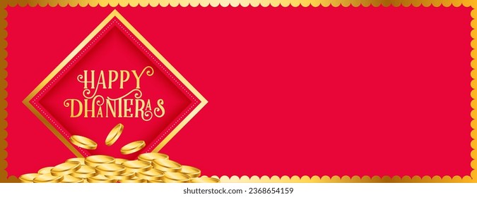 beautiful hindu festival happy dhanteras event poster with golden coin vector. Translation: Happy Dhanteras, dhan means wealth teras means thirteen