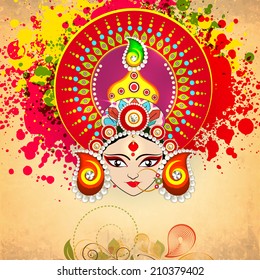 Beautiful hindu mythological Goddess Durga on floral decorated colors splash background for Dussehra festival celebrations. 