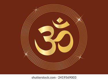 Schönes hinduistische oder hintere Symbol, Om oder Ohm oder Rum, mit Mandala in goldener Farbtönen für Wand von Tempeln, Häusern und für Innenarbeiten usw., Vektorglänzend