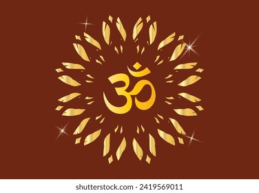 Schönes hinduistische oder hintere Symbol, Om oder Ohm oder Rum, mit Mandala in goldener Farbtönen für Wand von Tempeln, Häusern und für Innenarbeiten usw., Vektorglänzend