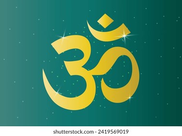 Beautiful hinduism or hindu symbol, Om or ohm or rum, in gold color shades for wall of Temples, Houses and for interior works etc. vector shiny, with blue sea stars sky background