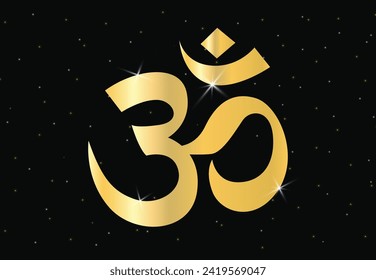 Schönes hinduistisches oder Hinterbein-Symbol, Om oder Ohm oder Rum, in goldener Farbtönen für Wand von Tempeln, Häusern und Innenarbeiten usw., Vektorglänzend, mit schwarzem Sternenhimmel-Hintergrund