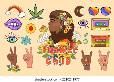 Beautiful hippie woman with flowers in her hair and inscryption flower child. Sticker set 70s. Vector retro illustration