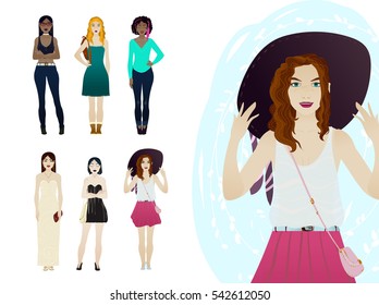 Beautiful, hipster, elegant, fashion, girls and women. Hand drawn elements, cartoon character set, vector illustration.