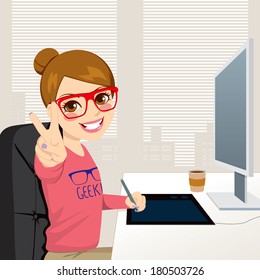 Beautiful Hipster Fashion Style Graphic Designer Woman Working With Tablet In Front Of Computer Screen