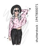 Beautiful hipster girl in a stylish hat, glasses, sweater and jeans. Fashion and style, clothing and accessories. Vector illustration for a postcard or poster.