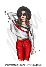 Beautiful hipster girl in a stylish hat, glasses, sweater and jeans. Fashion and style, clothing and accessories. Vector illustration for a postcard or poster.