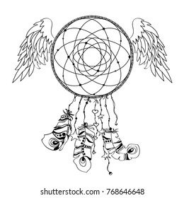 Beautiful hipster  hand drawn vector  poster dream catcher with wings of guardian angel. Boho style drawing.