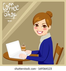 Beautiful hipster style brunette woman enjoying hot coffee with her laptop in a coffee shop