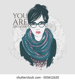 Beautiful hipster young girl in a fashion jacket with scarf and glasses. Vector hand drawn illustration.