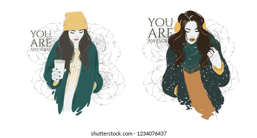 Beautiful hipster young women in a fashion jacket in hat with coffee. Vector hand drawn illustration.