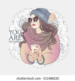 Beautiful hipster young women in a fashion pink jacket with scarf and sunglasses, hat with bubo and cup of coffee. Vector hand drawn illustration.
