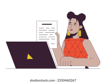 Beautiful hispanic woman at laptop flat line color vector character. Editable outline half body person on white. Latina worker holding document simple cartoon spot illustration for web graphic design