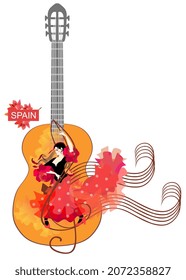 Beautiful Hispanic young woman dancing flamenco on the background of a huge guitar. A treble clef and musical rulers complete the picture. Concert poster, card. Vector illustration.