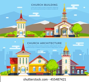 Beautiful historic church buildings of different architecture styles on backgrounds with mountains and cityscape flat banners isolated vector illustration