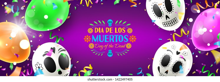 Beautiful holiday banner for Day of the Dead. Colorful background with realistic white and colour air balloons. Vector illustration with color garlands and confetti.