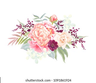 Beautiful holiday bouquet with flowers peony, rose, dahlia and hydrangea, leaves and branches. Vector floral illustration in vintage style on white background.