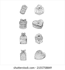 bellas cajas de vacaciones conjunto de regalo dibujado a mano arco para posters diseño de tarjetas doodle del libro de colorear