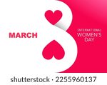 Beautiful holiday card for March 8. International Women's Day. Large white number 8 with two hearts on a scarlet background. Vector illustration.