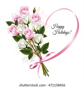 Beautiful holiday card with pink and white roses. Vector.