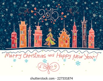 Beautiful holiday in cartoon town. Merry Christmas and Happy New Year!