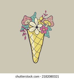 Beautiful holiday collection with bouquet of flowers, mushrooms, branches and leaves in waffle cone ice cream, vector floral illustration. Invite template on white background for your design. Vector