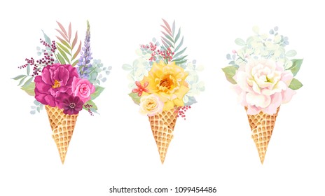 Beautiful holiday collection with delicate bouquet of colorful roses, branches and leaves in waffle cone ice cream, vector floral illustration. Invite template on white background for your design.