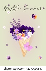 Beautiful holiday collection with delicate bouquet of colorful flowers, branches  in waffle cone ice cream, vector floral illustration. Invite template for your design.