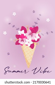 Beautiful holiday collection with delicate bouquet of colorful flowers, branches  in waffle cone ice cream, vector floral illustration. Invite template on pink background for your design.