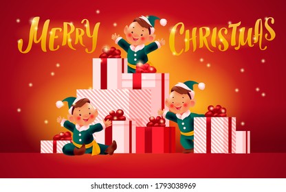 Beautiful holiday illustration with three santa elves at big pile of christmas presents decorated with bows and ribbons on red background. Text Merry Christmas congratulation. Vector flat banner, card