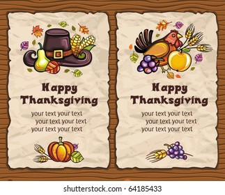 Beautiful Holiday paper arrangements with the space for your own text on the wooden background. Pumpkin, turkey, apple, autumn leaves, grapes, pear, pilgrim hat.