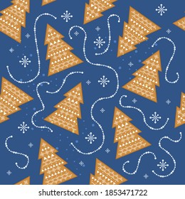 Beautiful holiday pattern. Christmas tree with a pattern of snowflakes and garlands in the Scandinavian style on a blue background. Seamless pattern for printing on any surface
