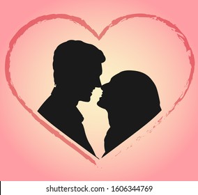 Beautiful holiday postcard. Silhouettes of man and woman in love. Couple ready for a kiss.
Happy Valentine's Day! Romantic decoration for the holiday of love.
Vector illustration