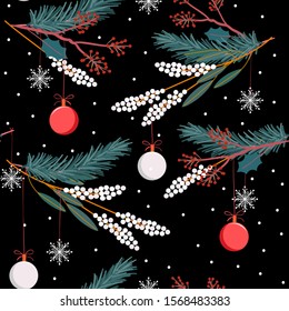 Beautiful Holiday seamless vector pattern with leaves ,flowers,gift ,ball and snow flake on black colors for Christmas design elements, for fashion,fabric,wallpaper,card and all prints