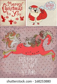 Beautiful Holiday set with color jumping horse, symbol 2014 new year with text and 2 Christmas cards, Vector
