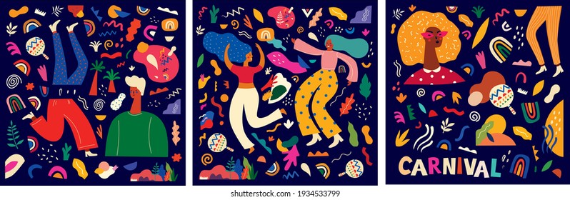 Beautiful holiday vector illustration with dancing people. Design for holiday celebration, Brazil Carnival or party